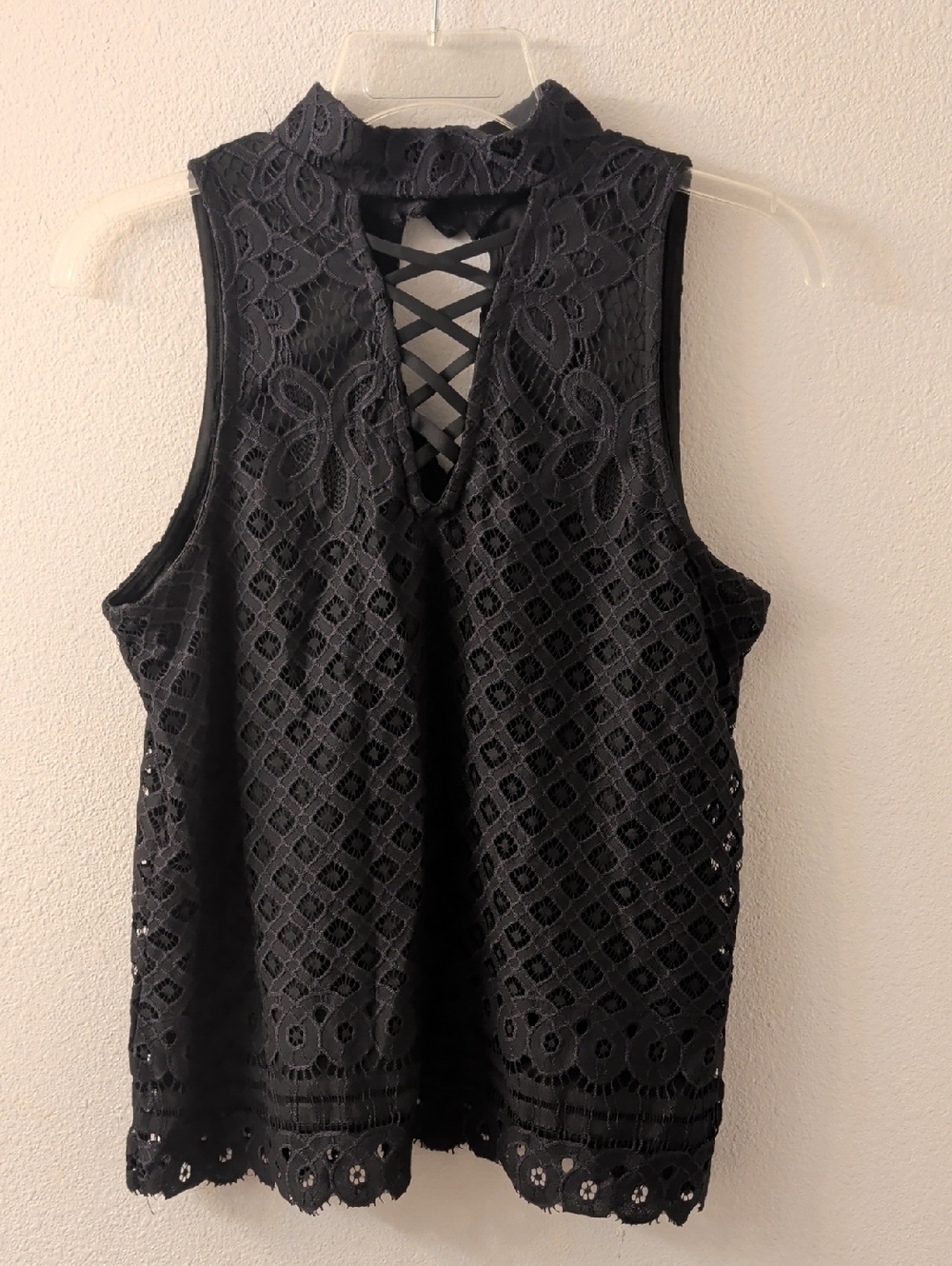 love, Fire Black Lace High-Neck Camisole with Crisscross Back